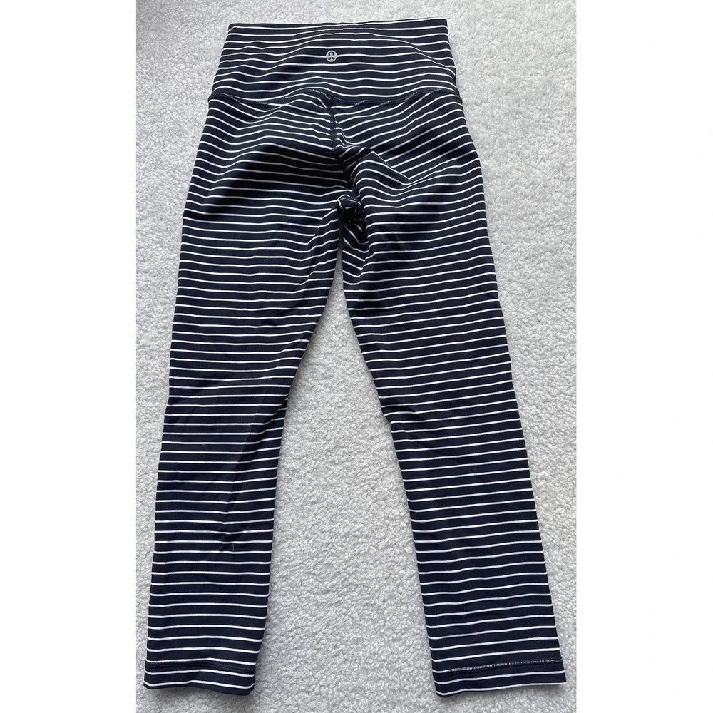 Lululemon Wunder Under Crop Leggings Pants 4 Black White Stripe High Rise 21